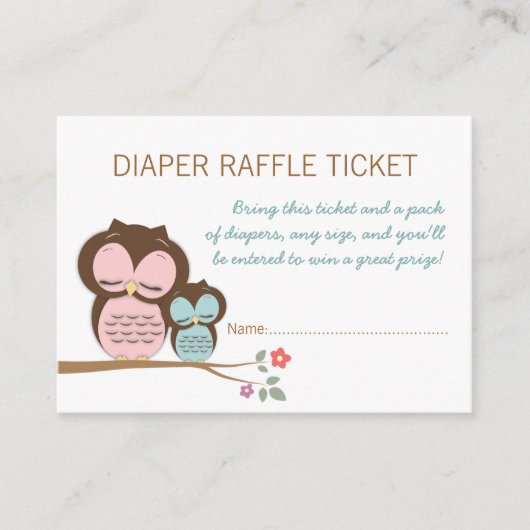 Blauwgroen Uil Baby shower Luier Raffle Ticket Ins Informatiekaartje (Voorkant)