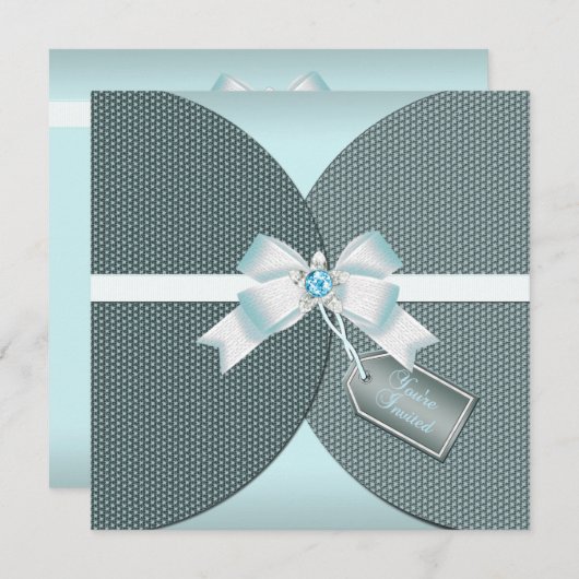 Blauwgroen uitnodiging met lint en juwelen (Voorkant / Achterkant)