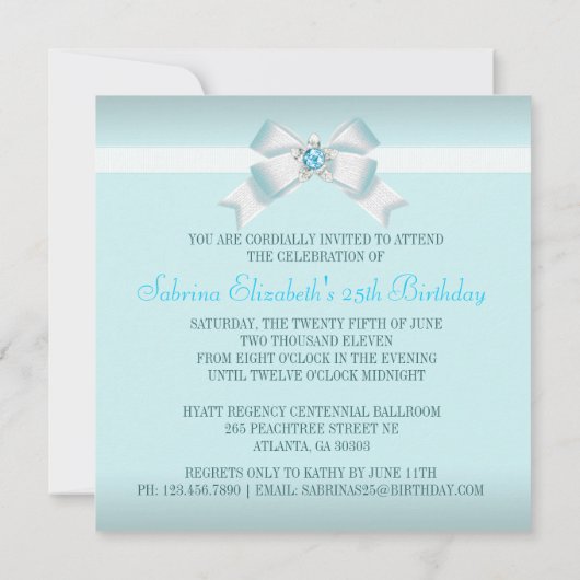 Blauwgroen uitnodiging met lint en juwelen (Achterkant)