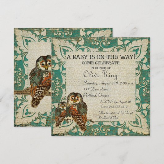 Blauwgroen uitnodiging tot Baby shower Amber Owls (Voorkant / Achterkant)