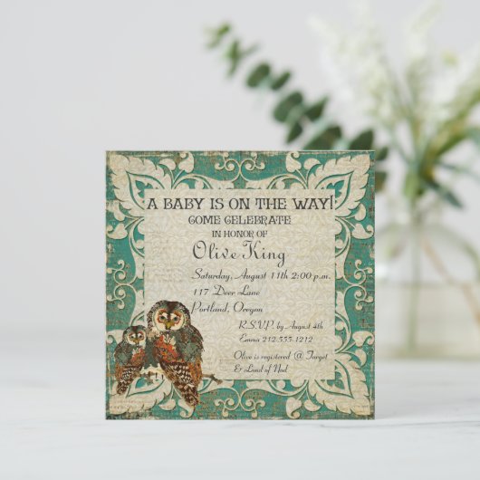 Blauwgroen uitnodiging tot Baby shower Amber Owls (Staand voorkant)