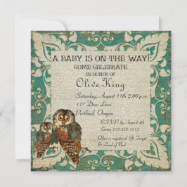 Blauwgroen uitnodiging tot Baby shower Amber Owls
