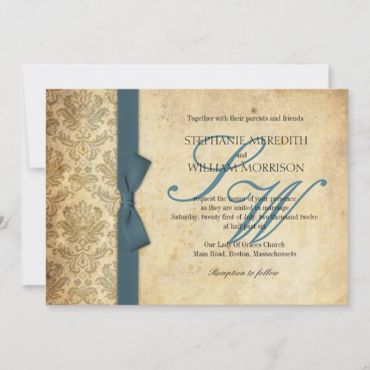 Blauwgroen uitnodiging tot  bruiloft in Damask (Voorkant)