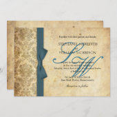 Blauwgroen uitnodiging tot  bruiloft in Damask (Voorkant / Achterkant)