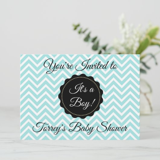 Blauwgroen uitnodiging tot het Baby shower Chevron (Staand voorkant)