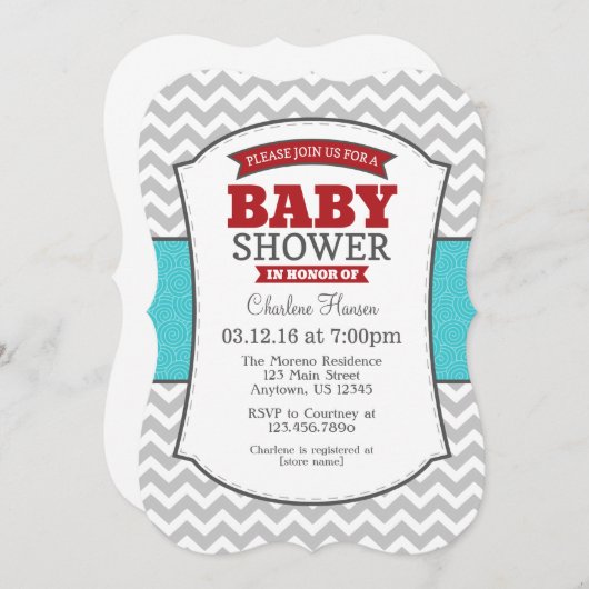 Blauwgroen uitnodiging tot het Baby shower Red Gra (Voorkant / Achterkant)