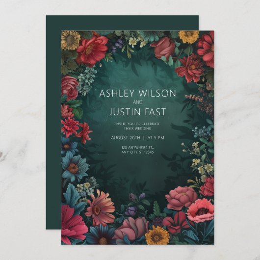 Blauwgroen uitnodiging tot het huwelijk van Floral (Voorkant / Achterkant)