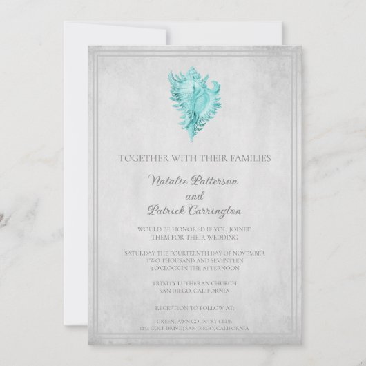 Blauwgroen uitnodiging tot het huwelijk van Shell (Voorkant)