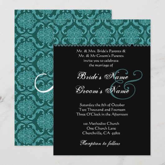 Blauwgroen uitnodiging tot huwelijk (Voorkant / Achterkant)