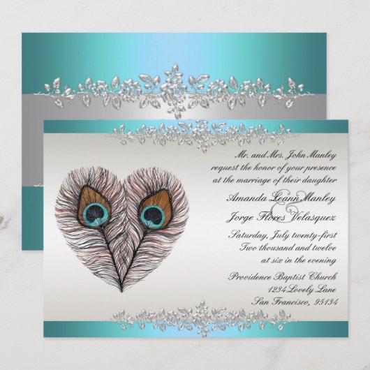 Blauwgroen uitnodiging tot huwelijk (Voorkant / Achterkant)