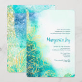 Blauwgroen uitnodiging tot Waterverf Golden Flower (Voorkant / Achterkant)