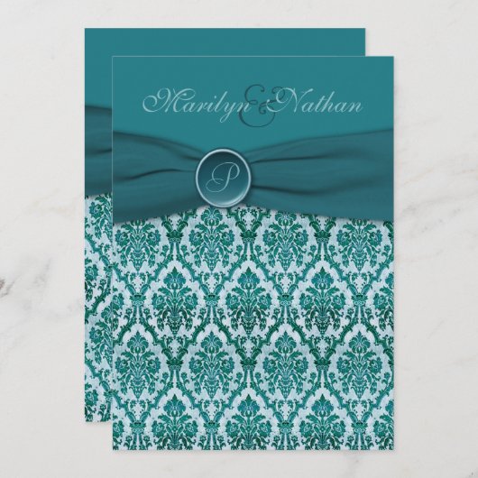 Blauwgroen uitnodiging tot weddenschap in Damask M (Voorkant / Achterkant)