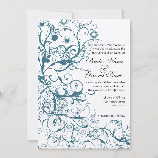 Blauwgroen uitnodiging tot weduwschap (Voorkant)