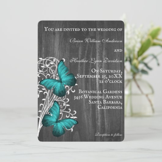 Blauwgroen uitnodiging tot weduwschap met Butterfl (Staand voorkant)