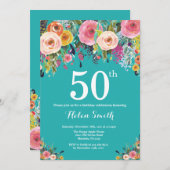 Blauwgroen uitnodiging van Floral 50th Birthday (Voorkant / Achterkant)