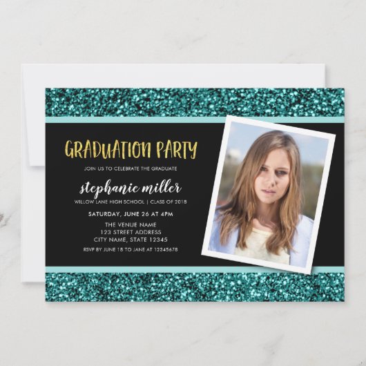 Blauwgroen uitnodiging van Glitter Photo Gradupart (Voorkant)