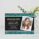 Blauwgroen uitnodiging van Glitter Photo Gradupart (Staand voorkant)
