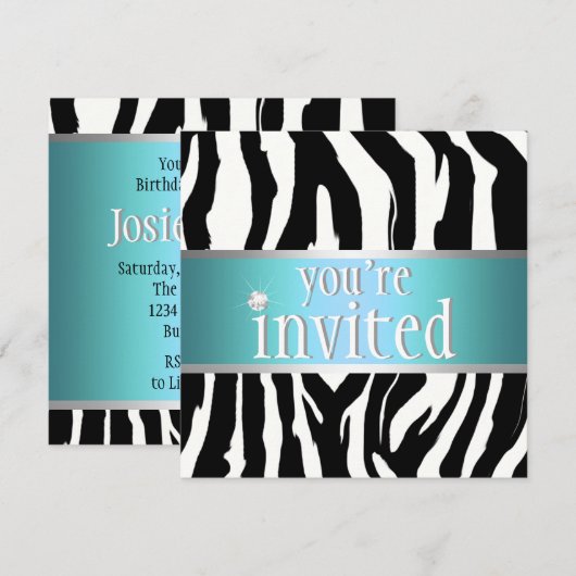 Blauwgroen uitnodiging van Zebra (Voorkant / Achterkant)