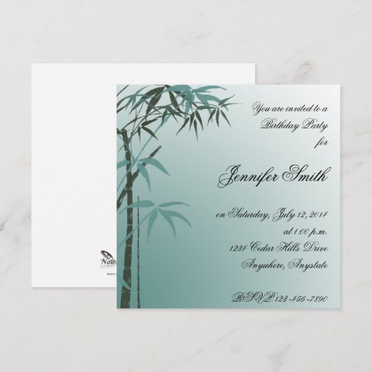 Blauwgroen uitnodiging voor Birthday Bamboo (Voorkant / Achterkant)