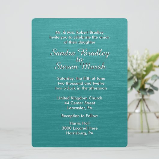 Blauwgroen uitnodiging voor blauwe bruiloft (Staand voorkant)