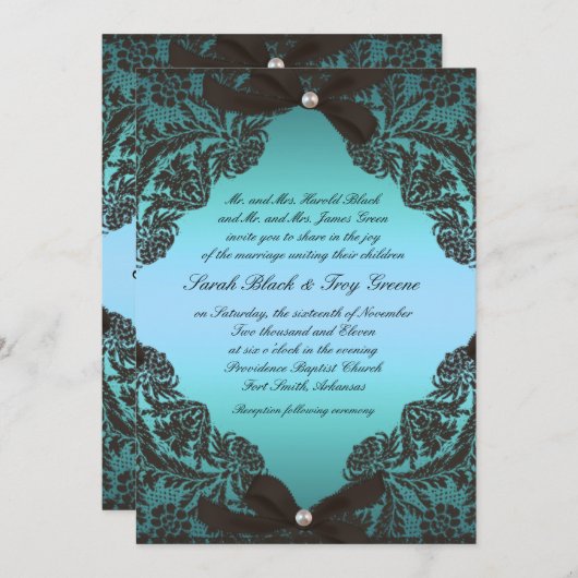 Blauwgroen uitnodiging voor een bruiloft met Black (Voorkant / Achterkant)