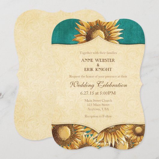 Blauwgroen uitnodiging voor een huwelijk met zonne (Voorkant / Achterkant)