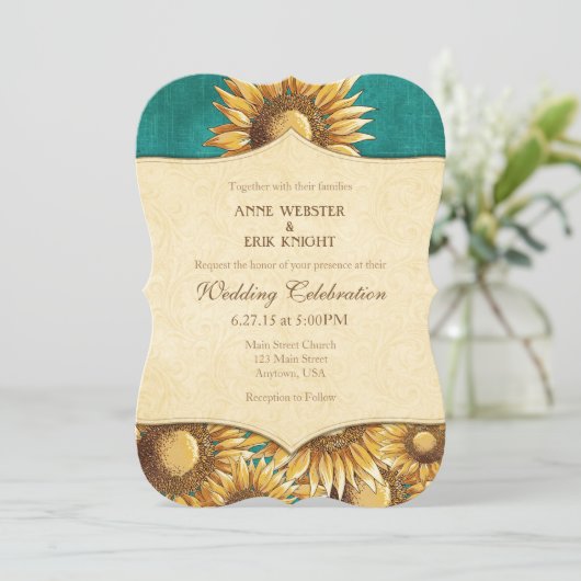 Blauwgroen uitnodiging voor een huwelijk met zonne (Staand voorkant)