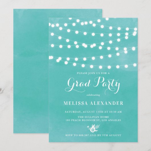 Blauwgroen uitnodiging voor Fairy Lights (Voorkant / Achterkant)