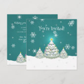 Blauwgroen uitnodiging voor kerstbomen in Snowy (Voorkant / Achterkant)