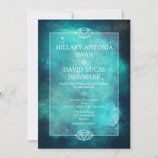 Blauwgroen uitnodiging voor Nebula en Chakra Weddi (Voorkant)