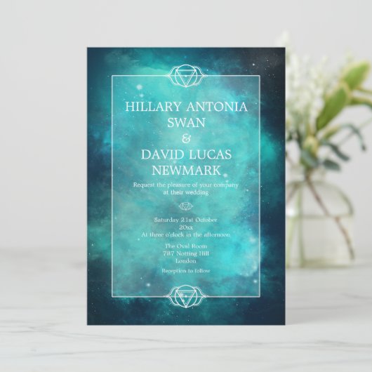 Blauwgroen uitnodiging voor Nebula en Chakra Weddi (Staand voorkant)
