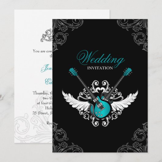 Blauwgroen uitnodiging voor Rock- en Roll Wedding (Voorkant / Achterkant)