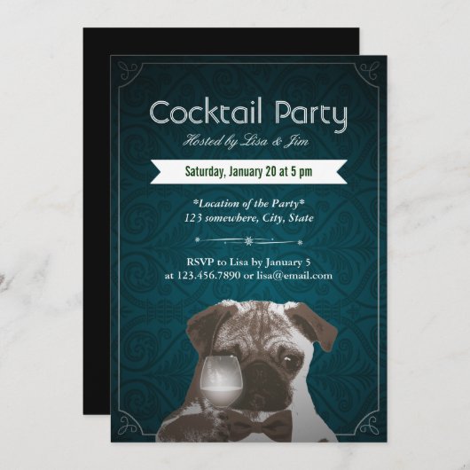 Blauwgroen uitnodigingen van Damascus en Wine Cock (Voorkant / Achterkant)