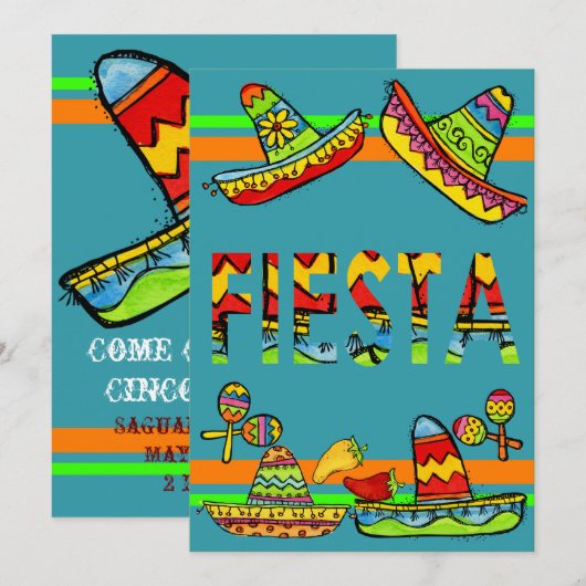 Blauwgroen uitnodigingen van Mexicaanse Fiesta Cin (Voorkant / Achterkant)