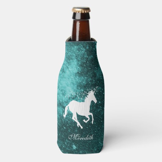Blauwgroen Unicorn Aangepaste flessenkoeler Flesjeskoeler (Fles Voorkant)