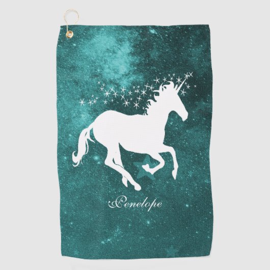 Blauwgroen Unicorn Persoonlijke Golfhanddoek (Voorkant)