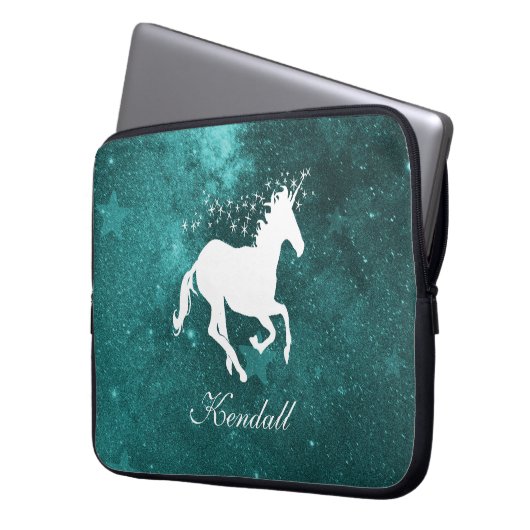 Blauwgroen Unicorn persoonlijke laptophoes Laptop Sleeve (Voorkant Links)