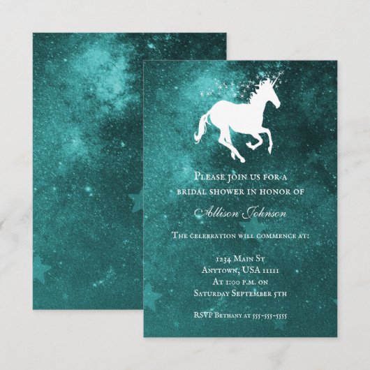 Blauwgroen Unicorn Vrijgezellenfeest Uitnodigen Kaart (Voorkant / Achterkant)
