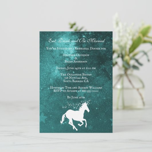 Blauwgroen Unicorn Wedding Rehearsal Dinner Invite Kaart (Staand voorkant)