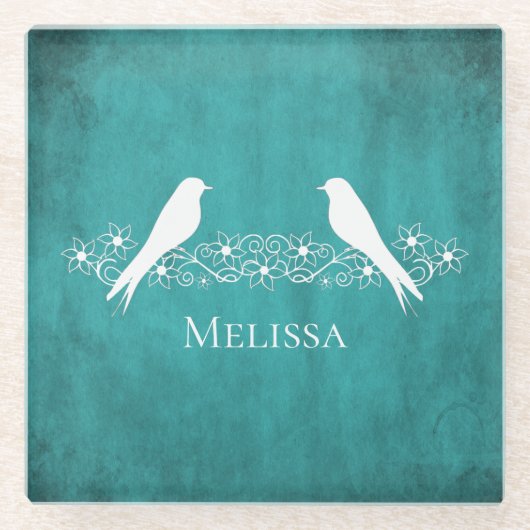 Blauwgroen vederwild Onderzetter van sinaasappel Glazen Onderzetter (Voorkant)