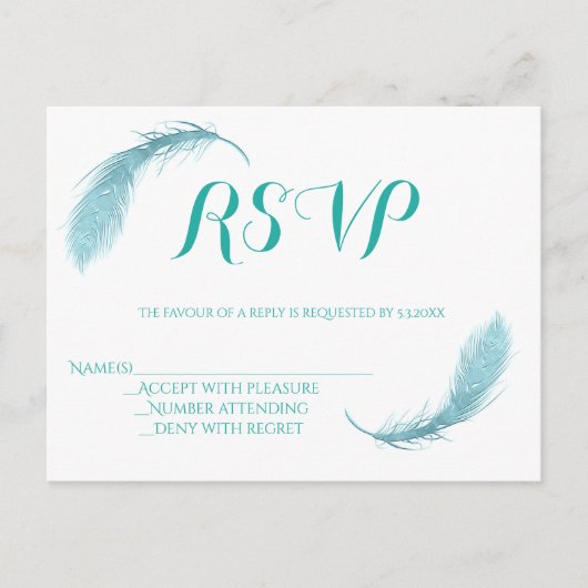 Blauwgroen veer bruiloft RSVP kaarten (Voorkant)