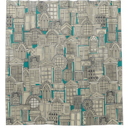 blauwgroen vensters douchegordijn