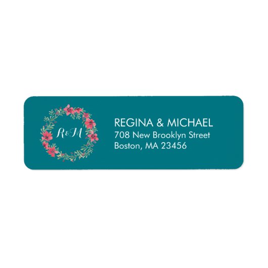 Blauwgroen ventilator Wreatmonogram adreslabel Etiket (Voorkant)