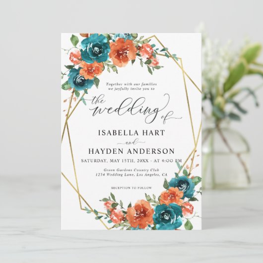 Blauwgroen verbrand Oranje Floral Gold Lijst Weddi Kaart (Staand voorkant)