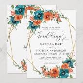 Blauwgroen verbrand Oranje Floral Gold Lijst Weddi Kaart (Voorkant / Achterkant)