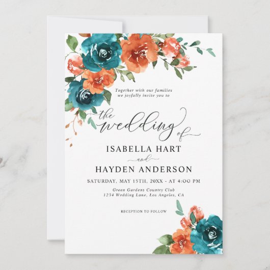 Blauwgroen verbrand Oranje Rustic Floral Waterverf Kaart (Voorkant)