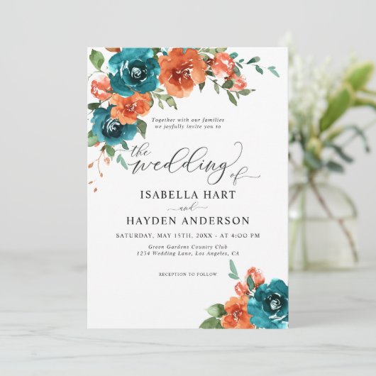 Blauwgroen verbrand Oranje Rustic Floral Waterverf Kaart (Staand voorkant)