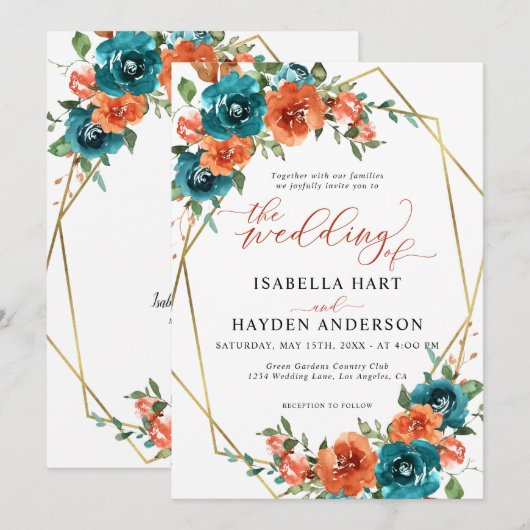 Blauwgroen Verbrand Sinaasappel Bloemen Goud Herfs Kaart (Voorkant / Achterkant)