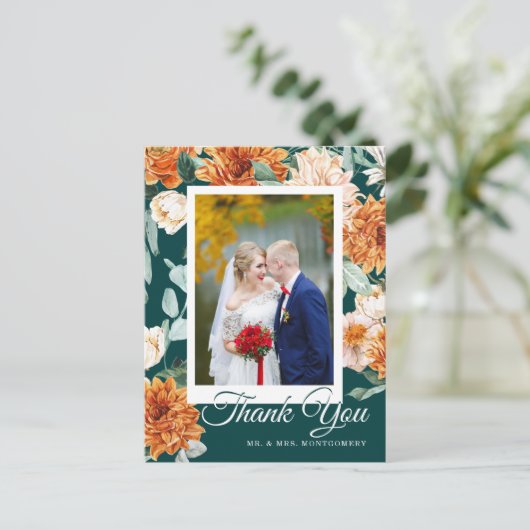 Blauwgroen verbrand Sinaasappel Bloemen Herfst bru Briefkaart (Staand voorkant)