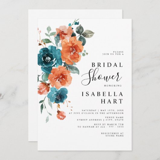 Blauwgroen Verbrand Sinaasappel Bloemen Rustiek Vr Kaart (Voorkant / Achterkant)